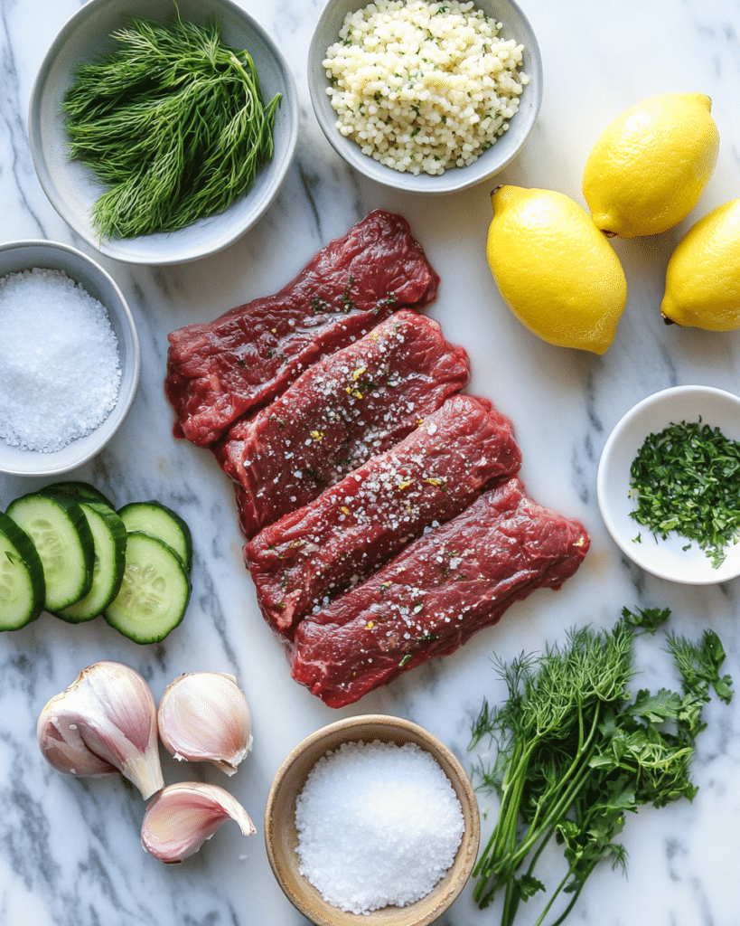 Ingredients for Grilled Skirt Steak with Lemon Herb Couscous Salad, including skirt steak, couscous, and herbs.