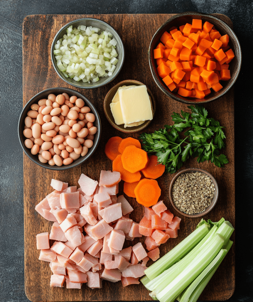 Ingredients for Ham and Bean Soup, including ham, beans, and vegetables.