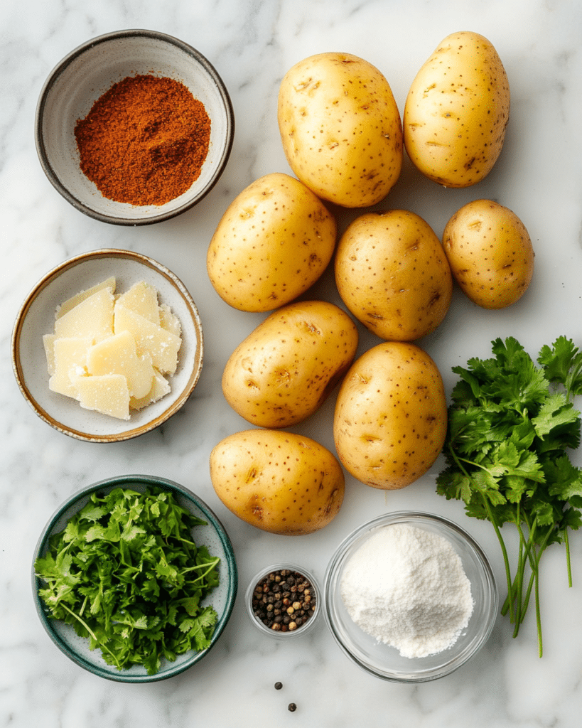 Ingredients for Seasoned Baked Potato Wedges, including potatoes, Parmesan, and spices.