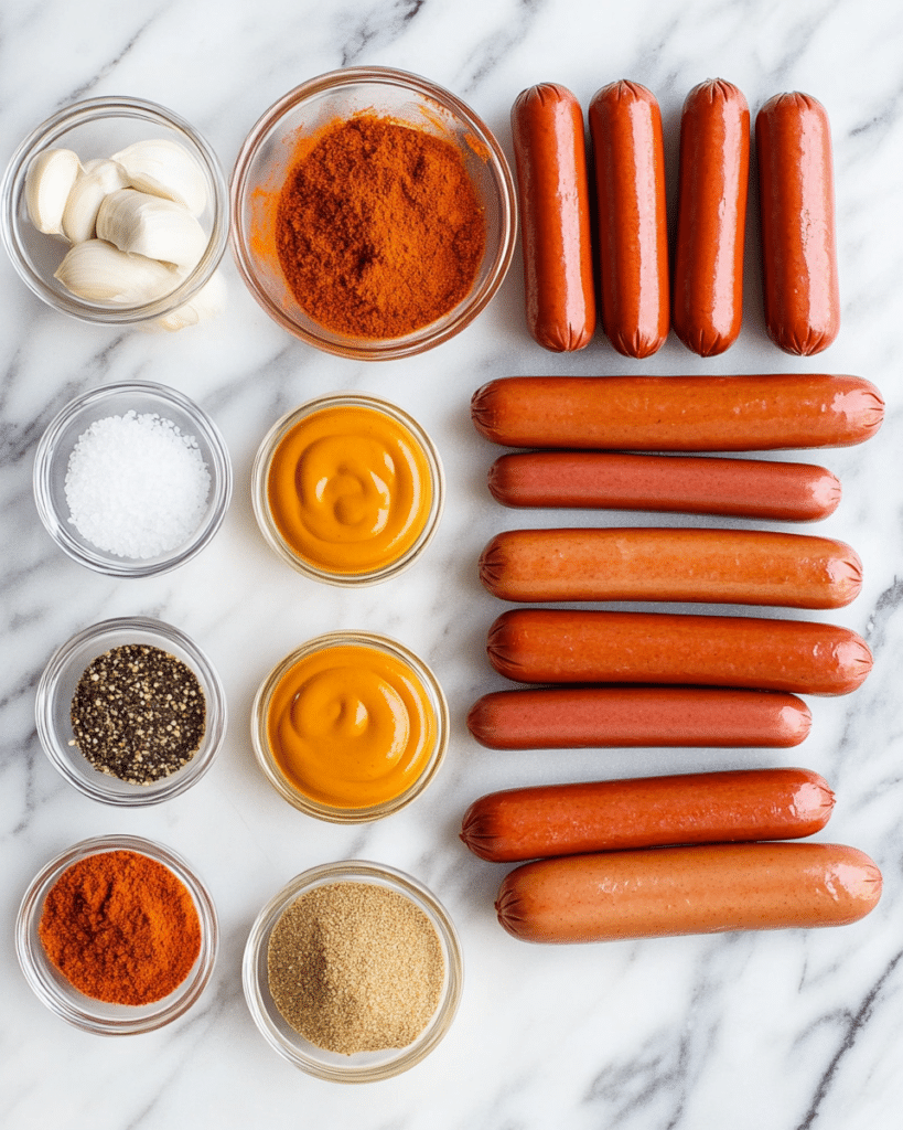 Ingredients for Hot Dog Burnt Ends, including hot dogs, mustard, brown sugar, and BBQ sauce.