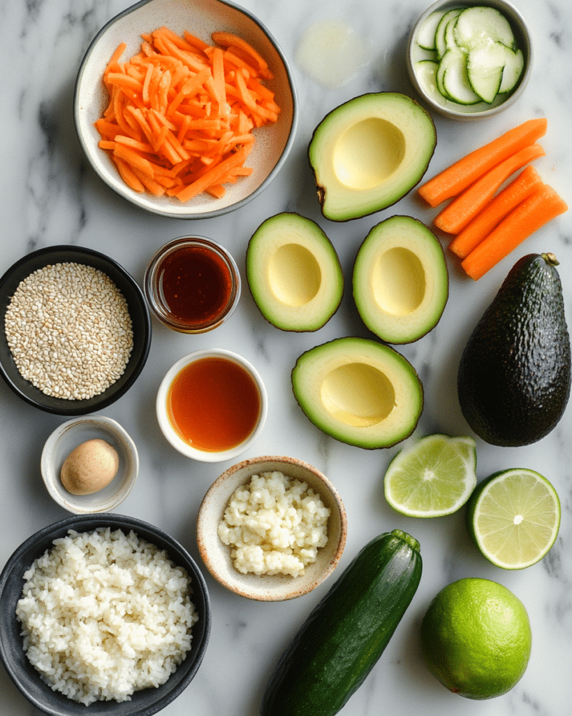 Ingredients for Hot Honey Chicken Bowls, including chicken, vegetables, honey, and sriracha.