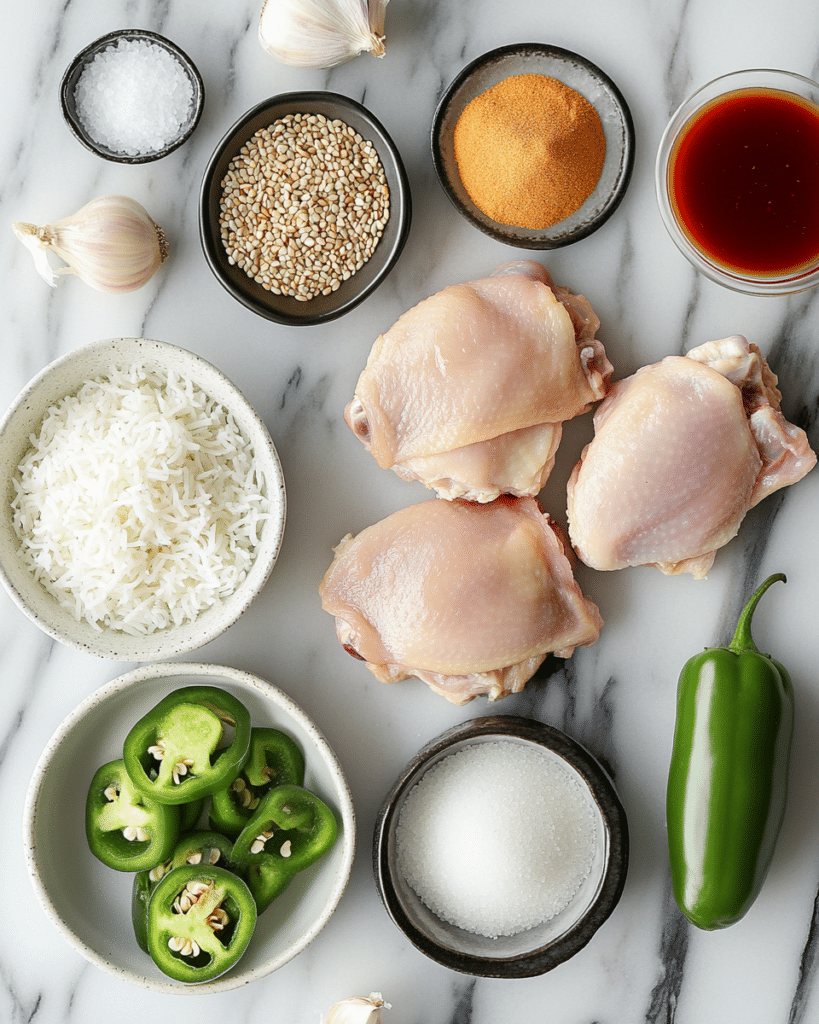 Ingredients for Jalapeño Chicken, including chicken thighs, jalapeños, and soy sauce.