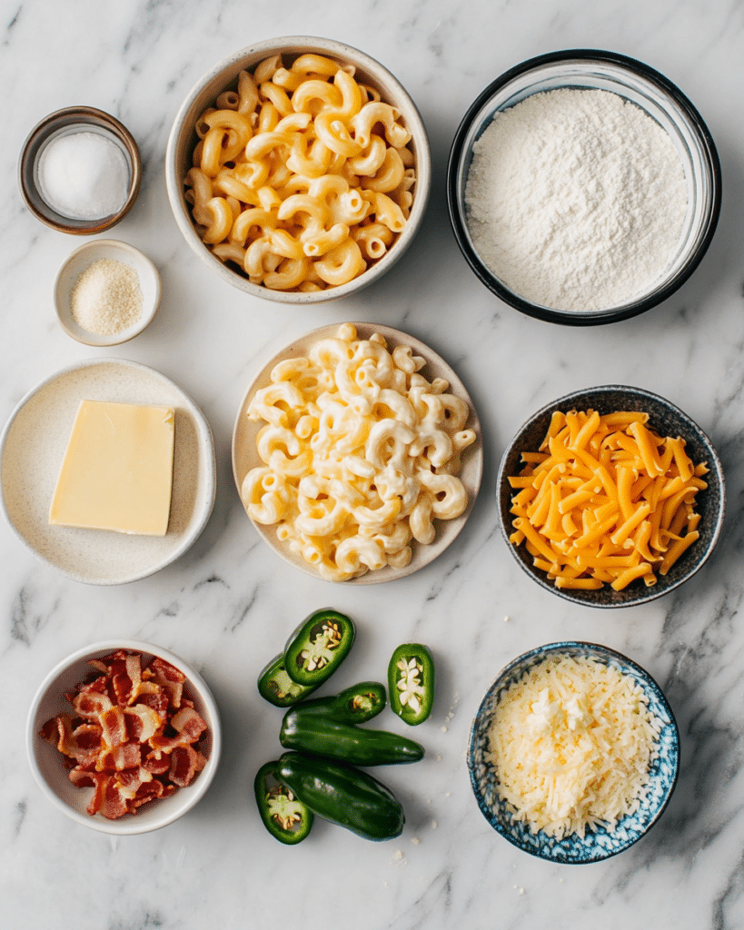 Ingredients for Jalapeño Popper Mac and Cheese, including pasta, cheese, bacon, and jalapeños.