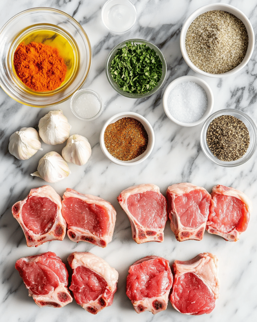 Ingredients for Juicy Oven Baked Pork Chops, including pork chops and spices.
