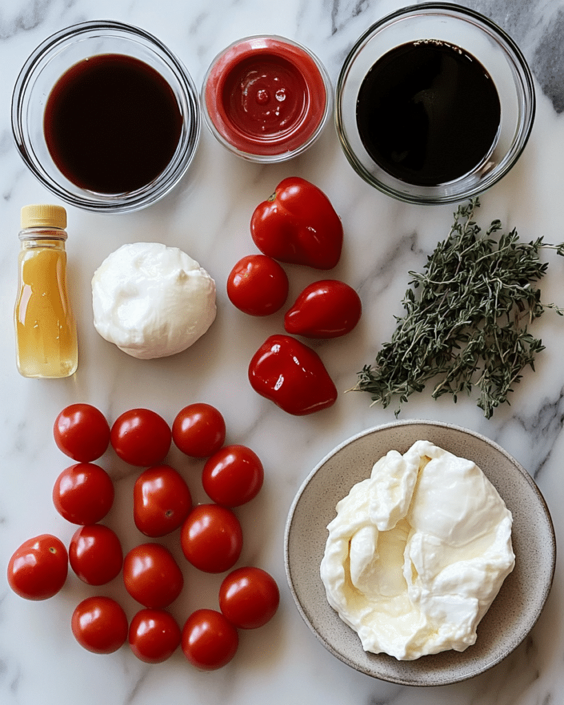 Ingredients for Marinated Cherry Tomatoes with Burrata, including tomatoes, burrata, and basil.
