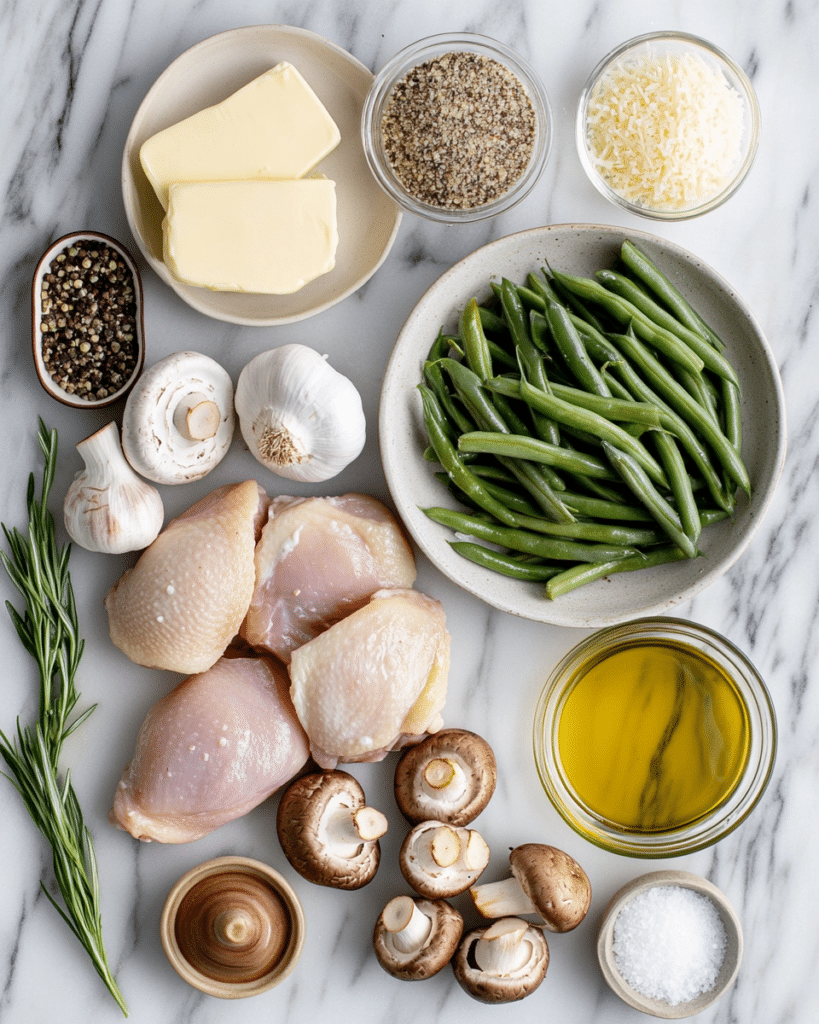 Ingredients for One-Skillet Chicken with Green Beans and Mushrooms, including chicken, green beans, mushrooms, and cream.