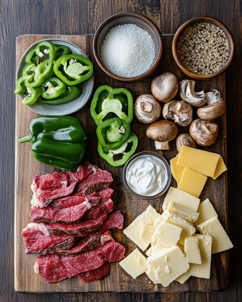  Ingredients for Philly Cheesesteak Cheesy Bread, including steak, peppers, onions, cheese, and bread.
