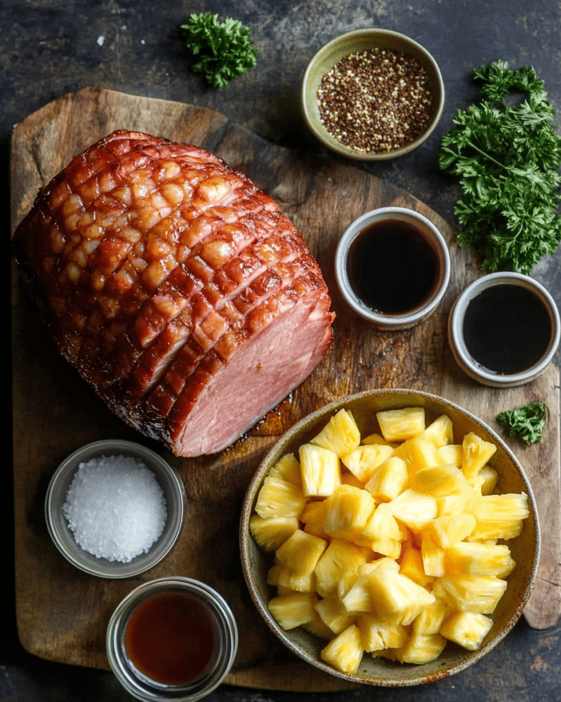 Ingredients for Pineapple Glazed Ham, including ham, pineapple, and brown sugar.