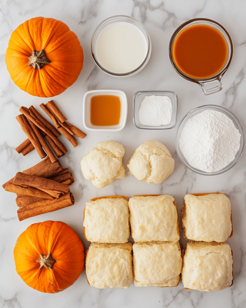  Ingredients for Pumpkin Spice Pull-Apart Bread, including refrigerated biscuits, pumpkin pie mix, and spices.