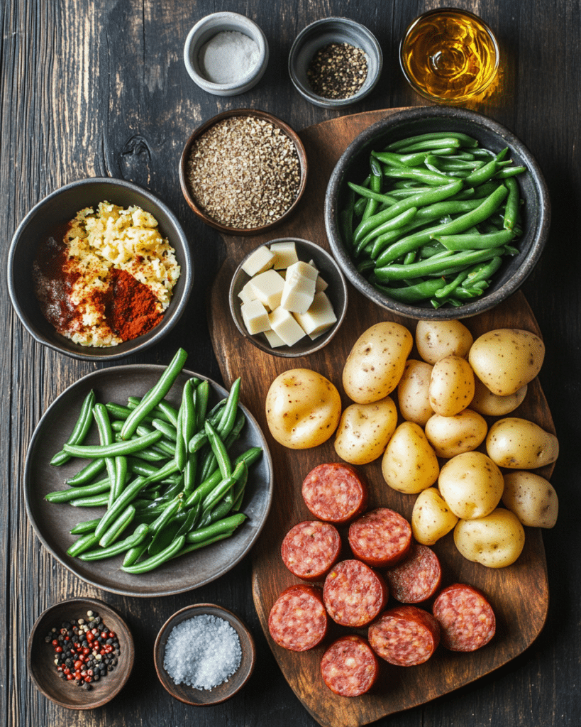  Ingredients for Sausage Green Bean Potato Casserole, including sausage, potatoes, and green beans.
