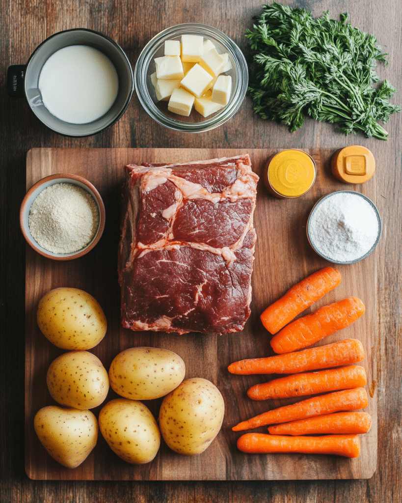 Ingredients for Slow Cooker Pot Roast, including chuck roast, potatoes, and carrots.