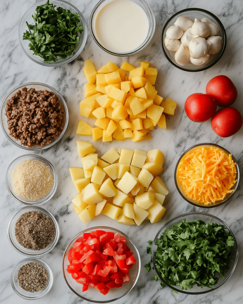  Ingredients for Slow Cooker Cowboy Potato Casserole, including ground beef, potatoes, and soup.