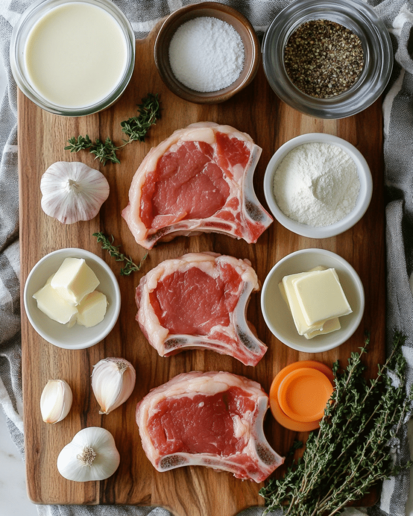 Ingredients for Smothered Pork Chops, including pork chops, onions, and spices.