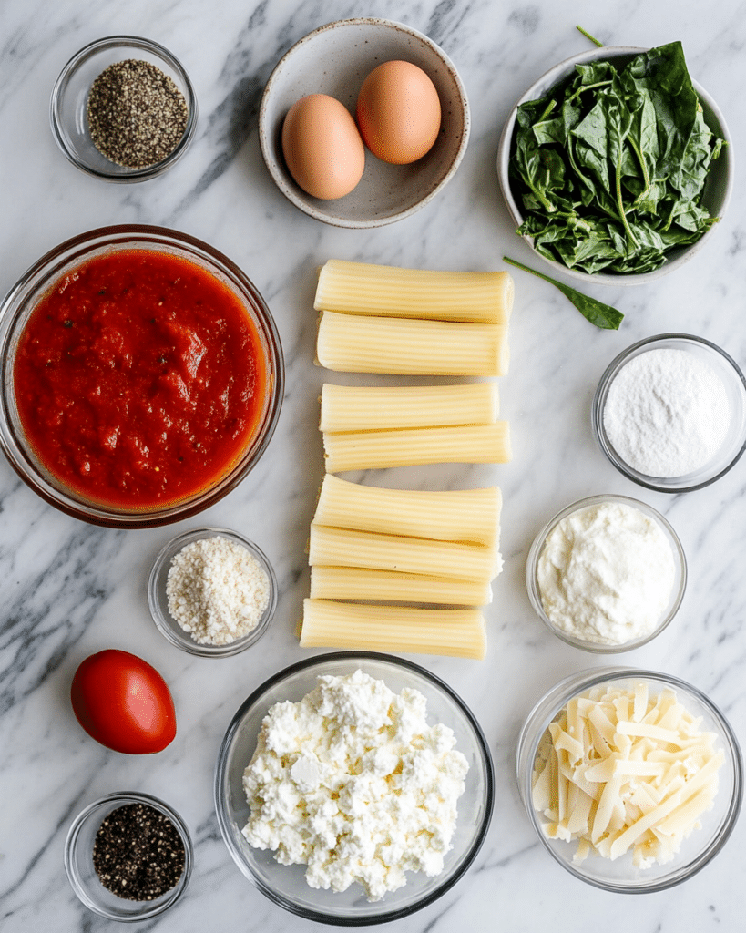  Ingredients for Spinach and Cheese Manicotti, including manicotti shells, cheeses, spinach, and tomato sauce.