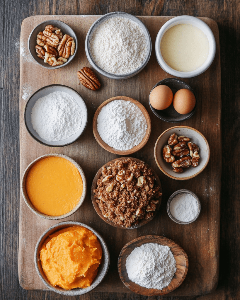 Ingredients for Sweet Potato Muffins, including sweet potatoes, flour, and pecans.