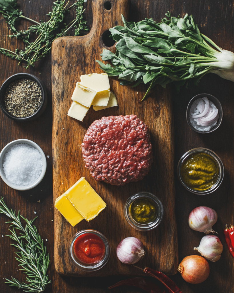 Ingredients for The Smash Burger, including ground chuck, buns, and sauce ingredients.