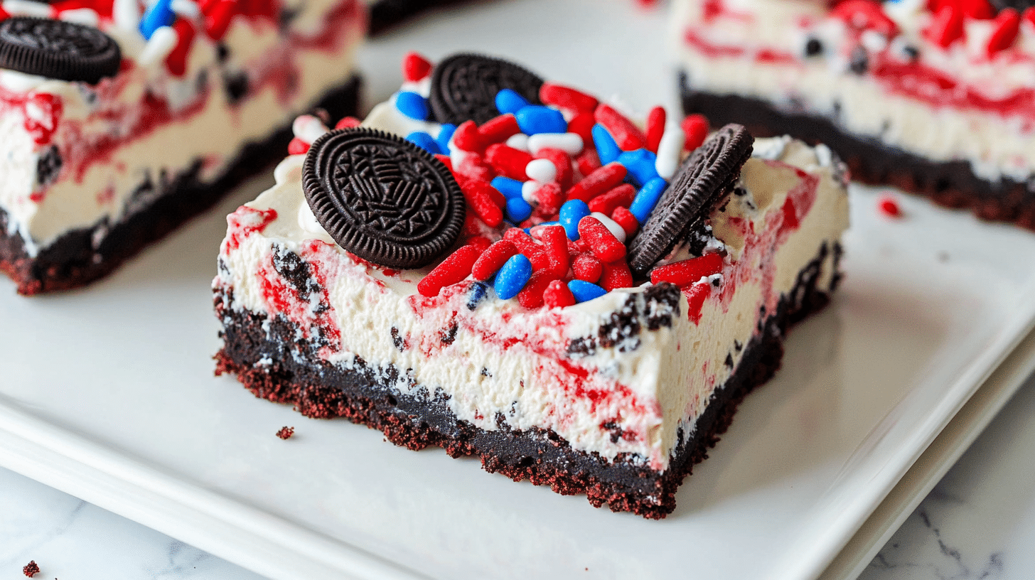 No-Bake Fireworks Oreo Cheesecake Bars with a colorful sprinkle topping.