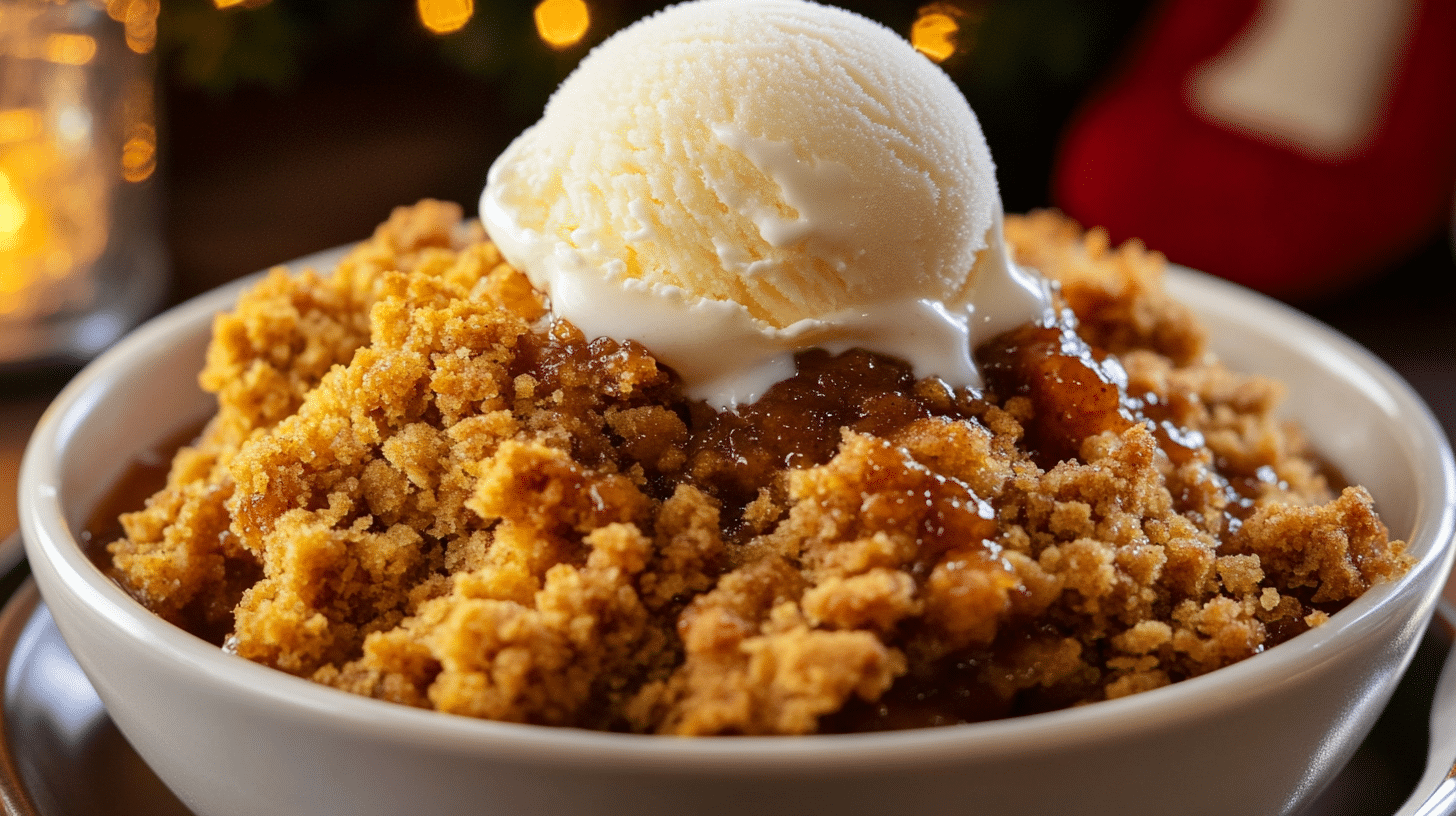 Golden-brown and bubbly Pumpkin Crisp in a cast iron skillet, topped with ice cream.