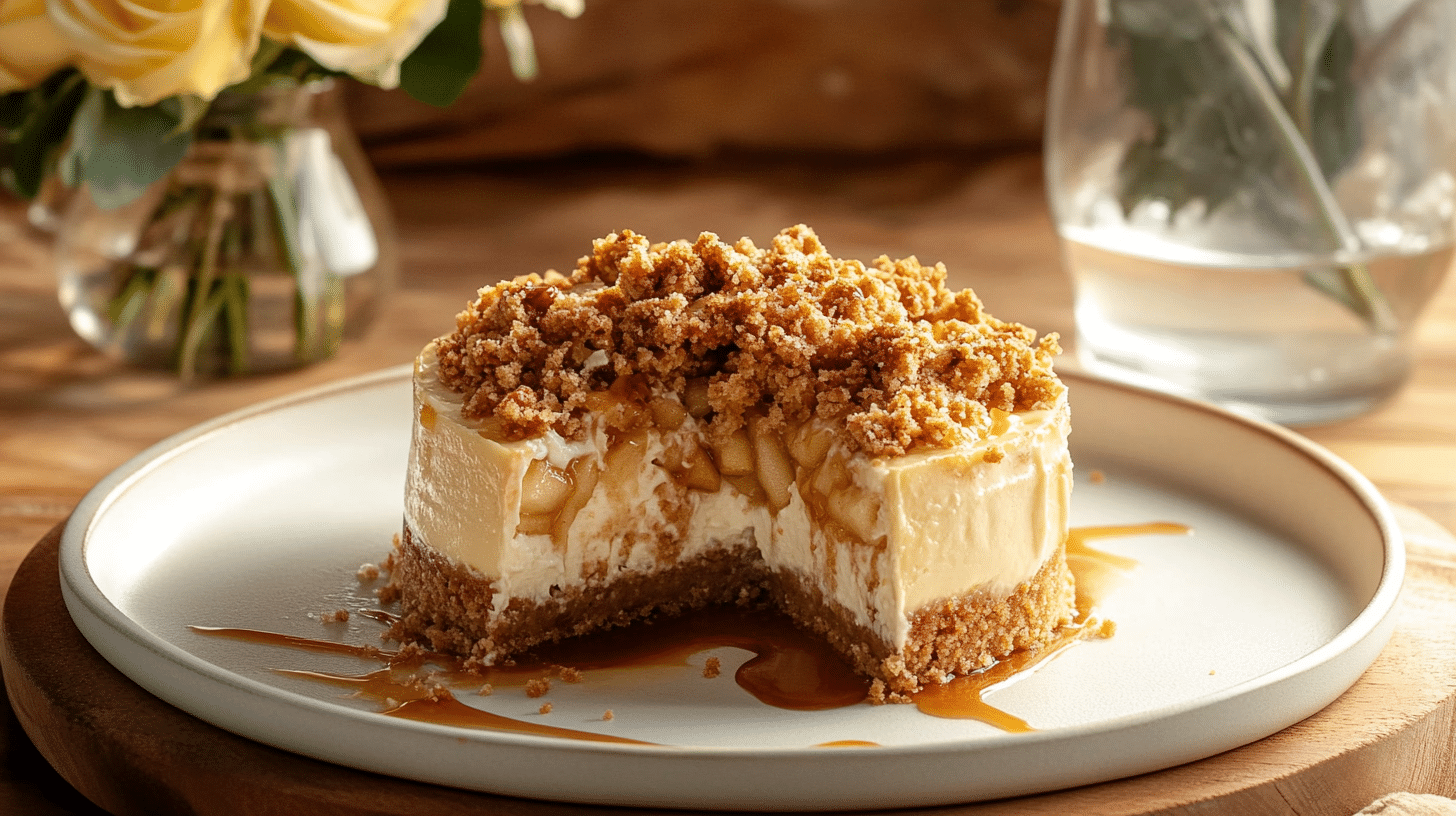 A slice of Apple Crumble Cheesecake with a golden-brown crumble topping.