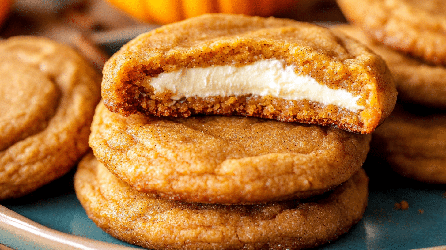 Soft and chewy Pumpkin Cheesecake Cookies with a visible cheesecake filling.