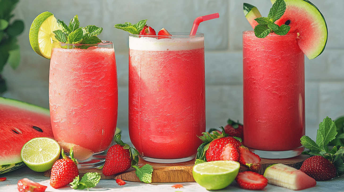 A vibrant pink Watermelon Smoothie in a glass, garnished with a lime wedge.