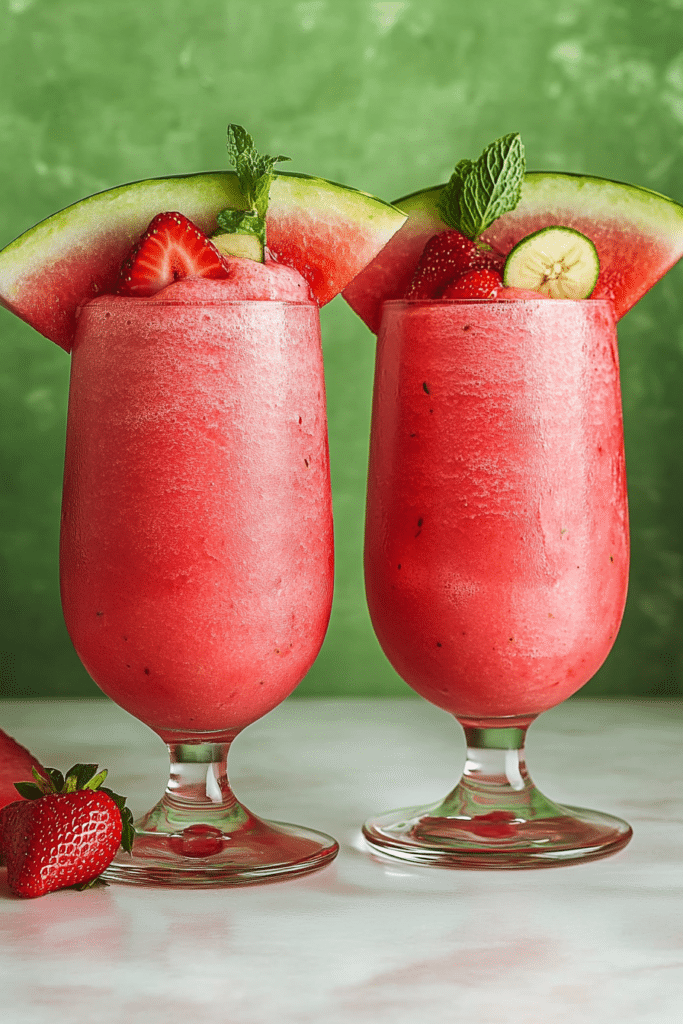 Blending the ingredients for Watermelon Smoothie in a blender.