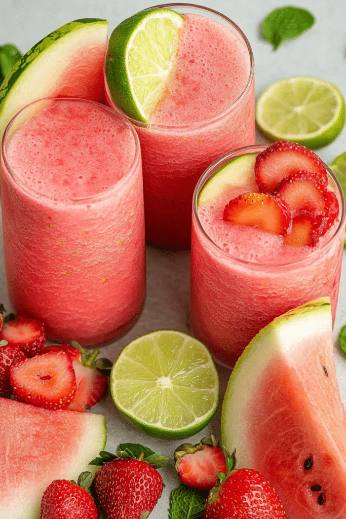 Ingredients for Watermelon Smoothie, including watermelon, strawberries, banana, and lime.