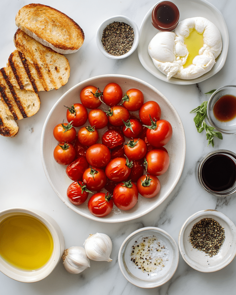 Ingredients for Roasted Tomatoes with Burrata, including tomatoes, burrata, and basil.