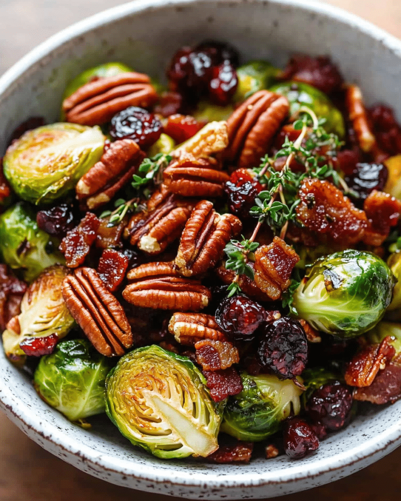 Brussels Sprouts with Bacon, Pecans, and Cranberries served as a side dish.