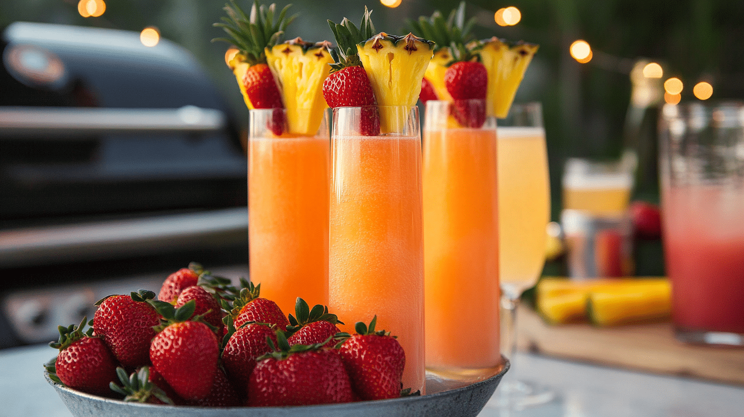 Beautiful Pineapple Strawberry Mimosas in champagne flutes, garnished with fresh strawberries.