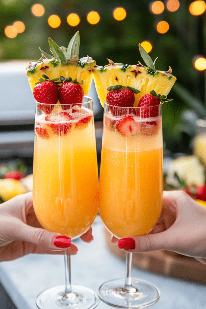 A close-up of a Pineapple Strawberry Mimosa, showing the bubbly champagne and fresh fruit.