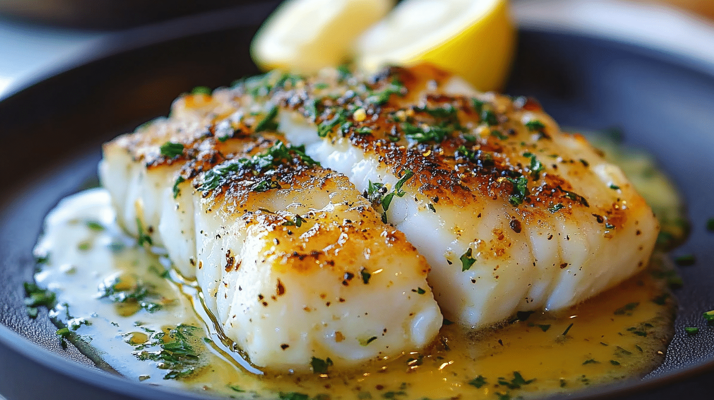 Golden-brown Golden Seared Cod with Herb Butter Sauce, garnished with fresh herbs.