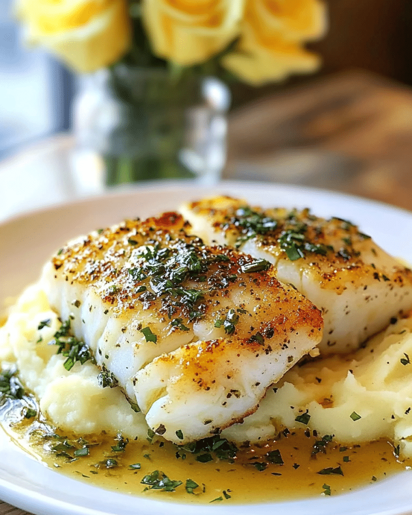 Golden Seared Cod with Herb Butter Sauce served with roasted vegetables.