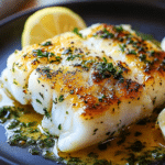 Searing the cod fillets in a skillet for Golden Seared Cod with Herb Butter Sauce.
