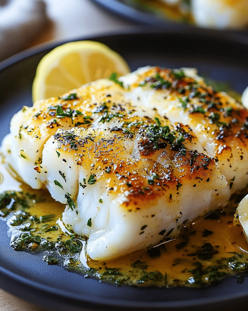 Searing the cod fillets in a skillet for Golden Seared Cod with Herb Butter Sauce.