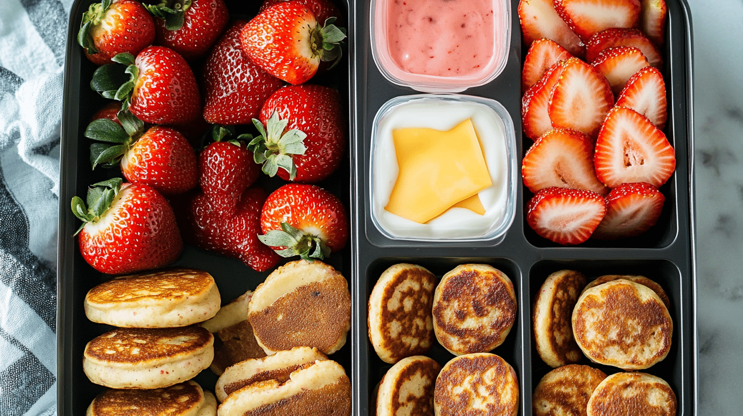 A colorful DIY Lunchable Brunchable Sausage Lunchbox with mini pancakes, sausage, cheese, strawberries, and yogurt.