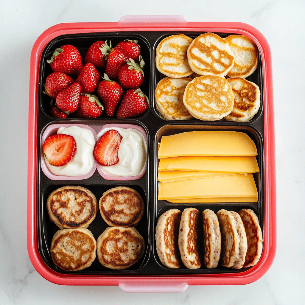 A close-up of a DIY Lunchable Brunchable Sausage Lunchbox, showing the different compartments and ingredients.