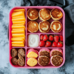 Assembling the DIY Lunchable Brunchable Sausage Lunchbox in a compartment container.