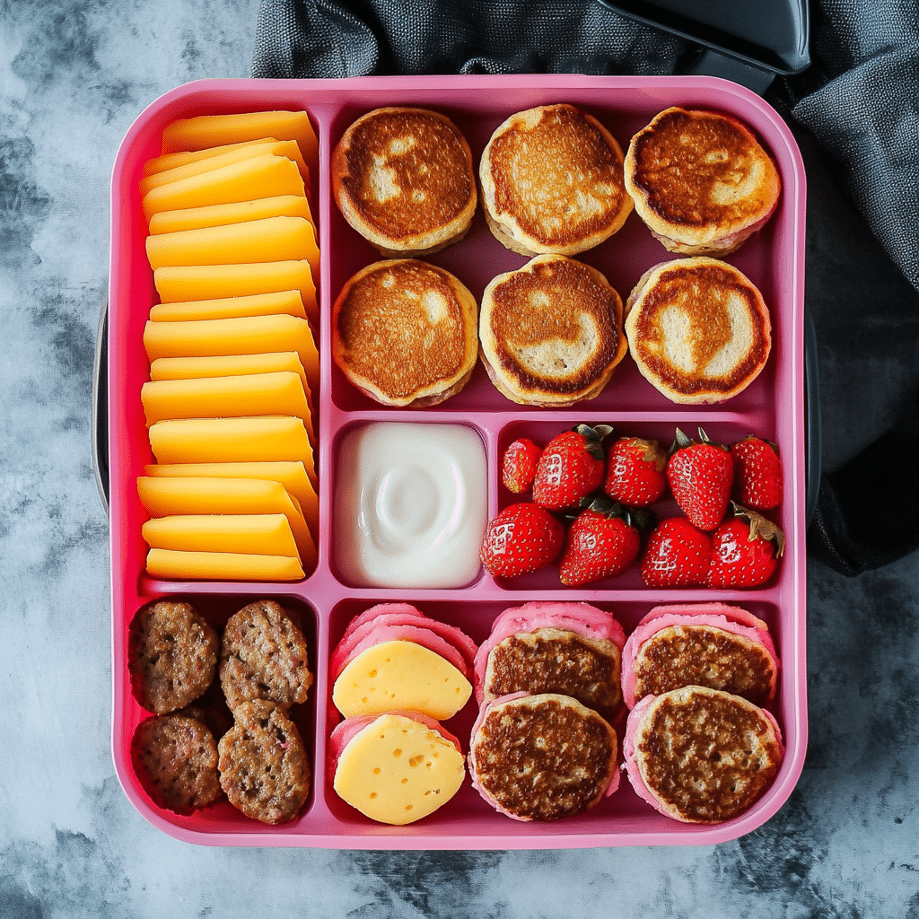Assembling the DIY Lunchable Brunchable Sausage Lunchbox in a compartment container.