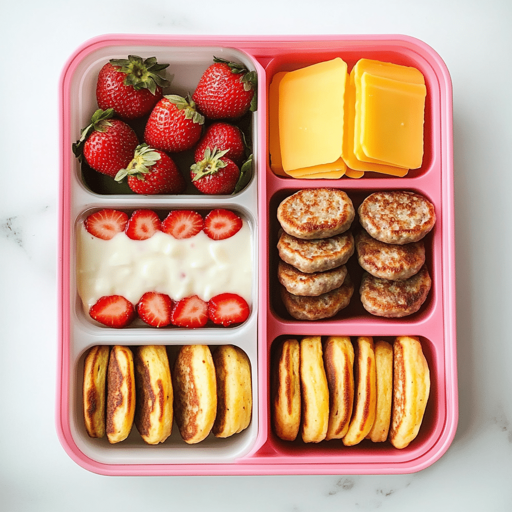 Ingredients for DIY Lunchable Brunchable Sausage Lunchbox, including pancakes, sausage, cheese, strawberries, and yogurt.