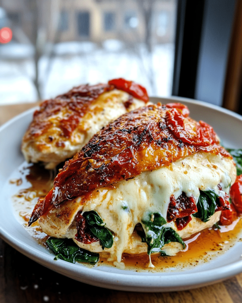 Sun-Dried Tomato, Spinach, and Cheese Stuffed Chicken (Flavor-Packed & Easy!)
This Sun-Dried Tomato, Spinach, and Cheese Stuffed Chicken is a flavorful and impressive dish that's surprisingly easy to make! Tender chicken breasts are stuffed with a delicious mixture of sun-dried tomatoes, spinach, feta cheese, and mozzarella, then seared and baked (or finished on the stovetop) to perfection. I love how this recipe elevates simple chicken breasts into something truly special. It's perfect for a weeknight dinner, a special occasion, or any time you're craving a flavorful and satisfying meal.

Why You'll Love This Stuffed Chicken
Flavor-Packed: The combination of sun-dried tomatoes, spinach, feta, and mozzarella creates an explosion of flavor.
Tender and Juicy: Searing the chicken before baking (or finishing on the stovetop) helps to keep it moist and tender.
Easy to Make: This recipe uses simple ingredients and straightforward instructions.
Versatile: Serve it with your favorite sides for a complete meal.
Elegant Presentation: Stuffed chicken breasts look impressive and are perfect for entertaining.
Ingredients for Sun-Dried Tomato, Spinach, and Cheese Stuffed Chicken
Here's what you'll need to make this delicious dish. The full list with measurements is in the recipe card below.

Main Ingredients
Large chicken breasts (Meat)
Kraft Sun Dried Tomato Vinaigrette Dressing & Marinade (or salt, pepper, and olive oil) (Dressing/Marinade) Specific brand mentioned
Sun-dried tomatoes (Vegetable)
Roughly chopped spinach (Vegetable)
Feta cheese (Dairy)
Mozzarella cheese (Dairy)
(Note: the full ingredients list, including measurements, is provided in the recipe card below.)

Variations
I love this Sun-Dried Tomato, Spinach, and Cheese Stuffed Chicken as is, but here are a few ideas for variations:

Different Cheese: Use a blend of Italian cheeses, provolone, or goat cheese instead of feta and mozzarella.
Add More Vegetables: Stir in some chopped artichoke hearts, roasted red peppers, or olives to the filling.
Make it Spicy: Add a pinch of red pepper flakes to the filling.
Different Marinade: Use a different marinade or dressing, such as Italian dressing or balsamic vinaigrette.
Add herbs: Fresh or dried.
How to Make Sun-Dried Tomato, Spinach, and Cheese Stuffed Chicken
Let me show you how to make this flavorful and impressive Sun-Dried Tomato, Spinach, and Cheese Stuffed Chicken:

Marinate the Chicken (Optional)
I marinate the chicken breasts in the dressing for a few hours (I actually skipped this step. I just dumped some on right before I cooked them because I was doing it last minute).
Prepare the Chicken
With a large sharp knife, I carefully cut the chicken breasts like hot dog buns. I don't cut all the way through.
Stuff the Chicken
I open the chicken breasts up where I cut them.
I layer on the remaining ingredients (sun-dried tomatoes, spinach, feta cheese, and mozzarella cheese). It's okay if you can't fit all of it in, you can just leave some out. Just squish in as much as you can.
I stick a couple of toothpicks in near the opening to keep it all together.
Sear and Cook
I heat up a pan (I used a cast iron skillet).
I sear the meat on both sides.
I can lower the heat and continue cooking the meat on the stove until it's done or, if using a cast iron skillet, I can put the pan in the oven at about 375ºF (190°C). You could also just completely cook it in the oven on a baking sheet if you don't feel like searing it.
I just make sure I cook it until the center reaches 165ºF (74°C) on a thermometer.
Rest and Serve
Let rest
Serve
Tips and Tricks for the BEST Stuffed Chicken
Here are my secrets for making this stuffed chicken truly exceptional:

Don't Cut All the Way Through: When cutting the chicken breasts, make sure to leave a "hinge" so the chicken stays together.
Use a Cast Iron Skillet (Optional): A cast iron skillet provides even heat distribution and helps to create a nice sear on the chicken.
Use a Meat Thermometer: The best way to ensure the chicken is cooked to a safe internal temperature is to use a meat thermometer.
Let it Rest: Letting the chicken rest for 5 minutes after cooking allows the juices to redistribute, resulting in a more tender and flavorful chicken.
How to Serve
This Sun-Dried Tomato, Spinach, and Cheese Stuffed Chicken is delicious served with:

Pasta: Serve it over your favorite pasta with a light sauce.
Rice or Quinoa: A healthy and flavorful pairing.
Roasted Vegetables: Roasted asparagus, broccoli, or Brussels sprouts are all great choices.
Salad: A simple green salad or a Caprese salad would complement the chicken nicely.
Make Ahead and Storage
You can assemble the stuffed chicken breasts ahead of time and store them, covered, in the refrigerator for up to 24 hours before cooking. Leftover cooked chicken can be stored in the refrigerator for up to 3 days. Reheat gently in the oven, microwave, or a skillet.

FAQs about Sun-Dried Tomato, Spinach, and Cheese Stuffed Chicken
Can I use a different type of cheese?
Yes, you can use any combination of cheeses you like.
Can I make this without the spinach?
Yes, you can omit the spinach if you prefer.
Can I grill the chicken instead of searing and baking it?
Yes, you can.
Enjoy this flavorful, cheesy, and easy-to-make Sun-Dried Tomato, Spinach, and Cheese Stuffed Chicken! It's a perfect meal for any night of the week.

Focus Keyword: Sun-Dried Tomato, Spinach, and Cheese Stuffed Chicken