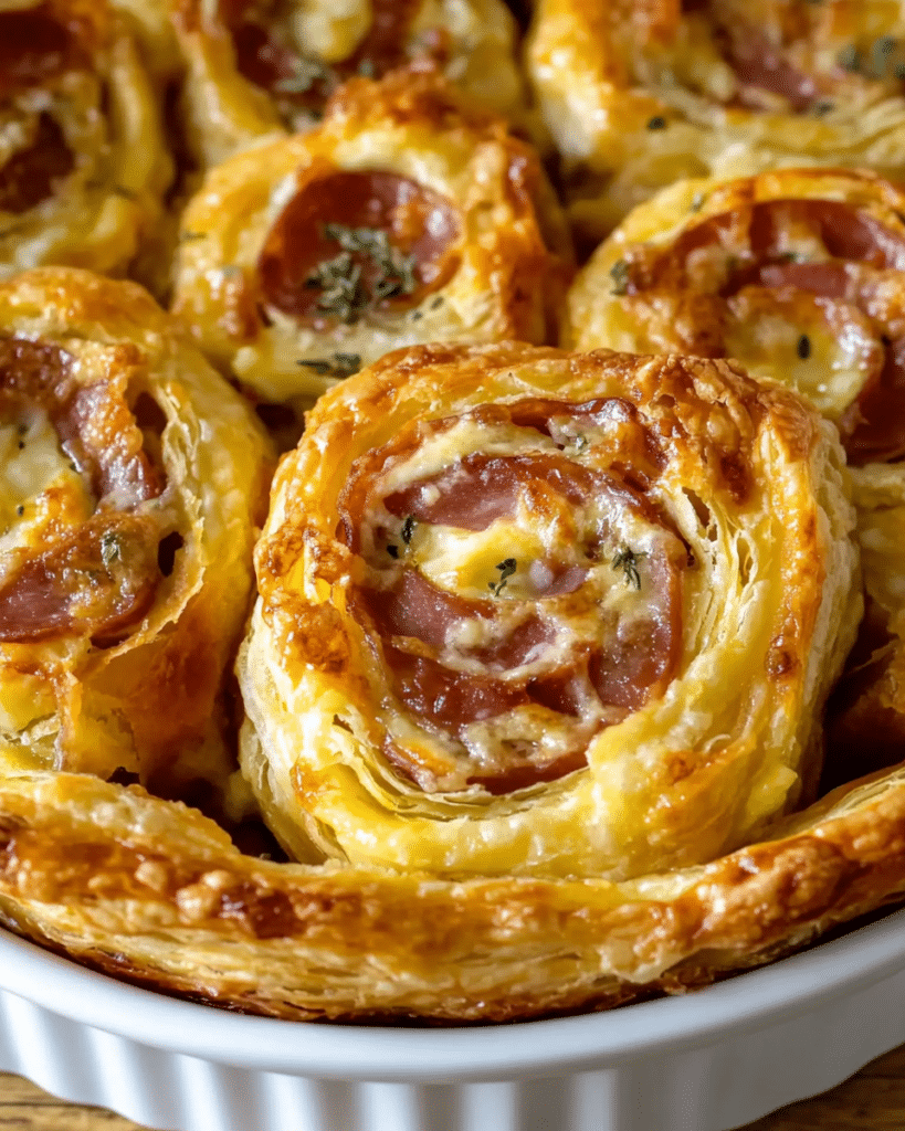 Rolling up the puff pastry with the filling for Cheesy French Pinwheels.
