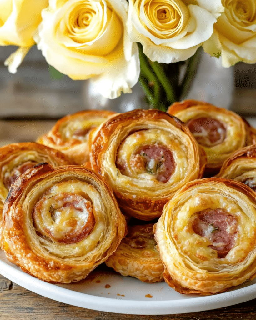 A close-up of a Cheesy French Pinwheel, showing the flaky layers and melted cheese.