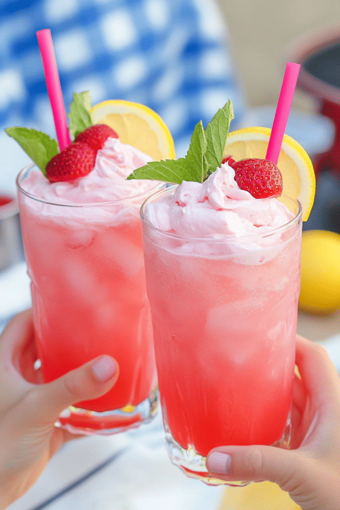 Whipping the cream and pink lemonade mix for Whipped Pink Lemonade.
