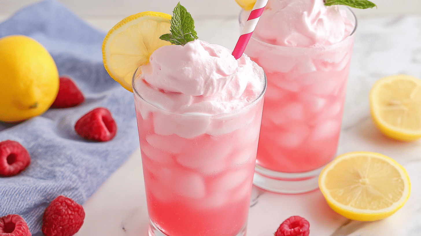 Glasses of Whipped Pink Lemonade, showing the fluffy whipped cream topping.