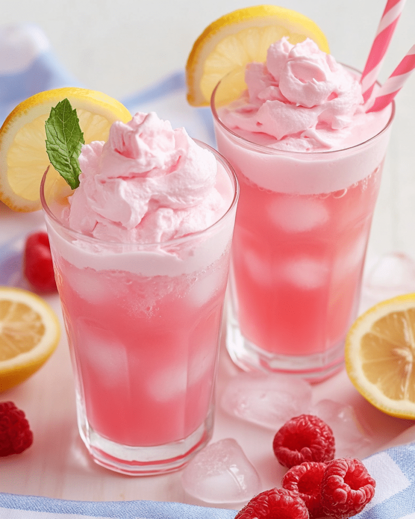 A close-up of Whipped Pink Lemonade, showing the layers of lemonade and whipped cream.