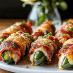 A close-up of a Keto Bacon-Wrapped Jalapeño Popper, showing the creamy filling and crispy bacon.