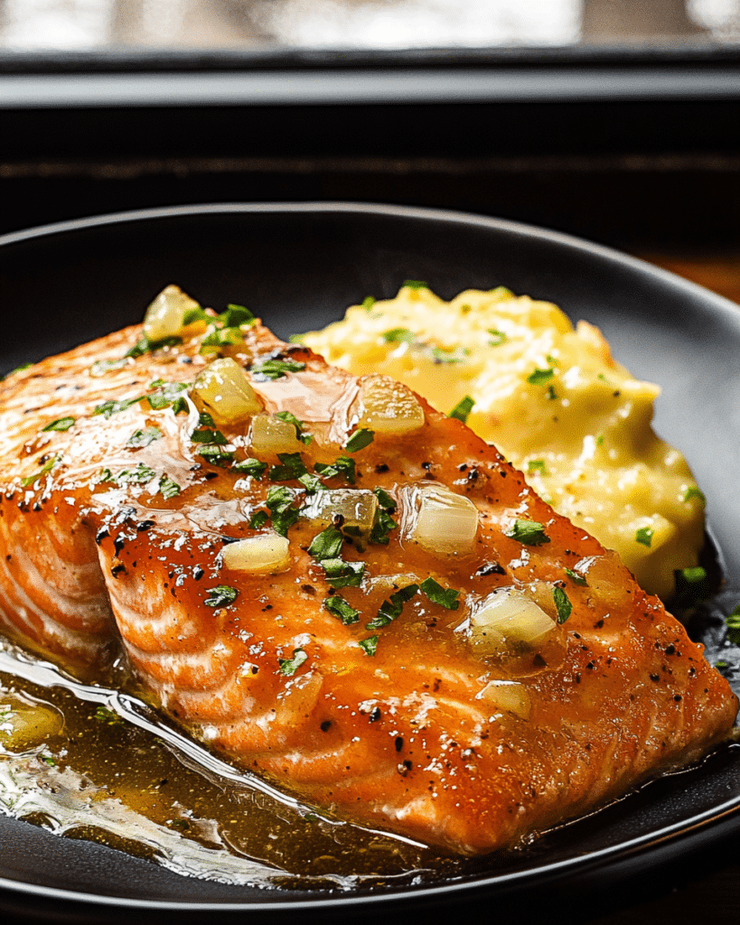Pouring the honey garlic sauce over the salmon in the skillet for Honey Garlic Salmon.