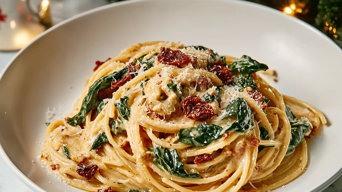 Ingredients for Spaghetti & Spinach with Sun-Dried Tomato Cream Sauce, including pasta, spinach, sun-dried tomatoes, and sour cream.