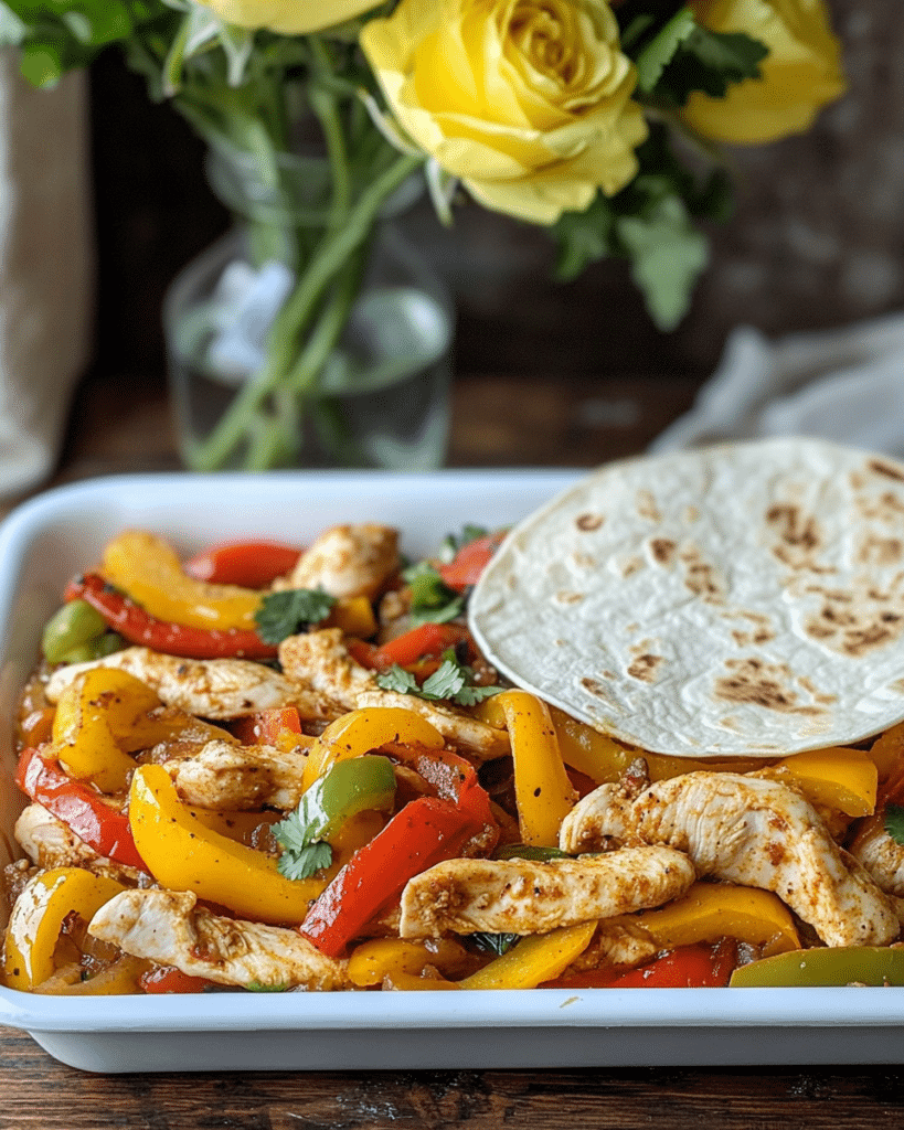 Tossing the chicken and vegetables with the seasoning for Oven Baked Sheet Pan Chicken Fajitas.